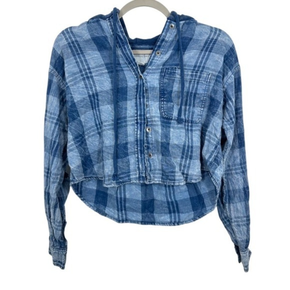 American Eagle Outfitters Womens Plaid Cropped Hoodie Shirt XXS Blue Distressed